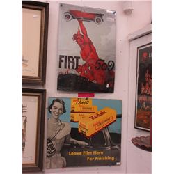 Vintage cardboard Kodak sign & Fiat sign
