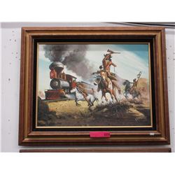 Oil on Canvas "Indian Warriors & Train" painting