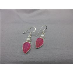 New - Pink Druzy & Pearl Earrings set in Silver