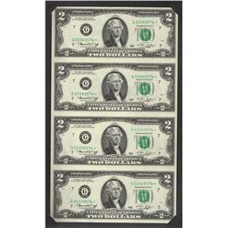 United States of America, Two Dollars, 1976 Uncut Sheet of Four
