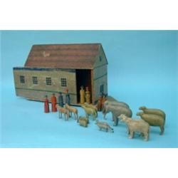 A German hand-painted Noah's Ark (circa 1900), with stylised tile-hung roof, painted four sash wi...