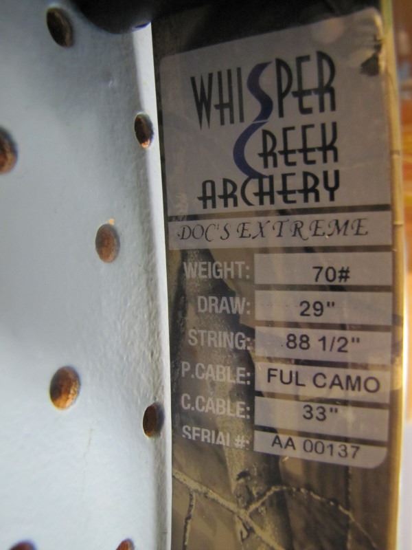 Whisper Creek Archery Compound Bow; Weight 70; Draw 29"; String 88