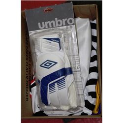 BOX OF NEW SOCCER GEAR INCLUDING 4 JERSEYS,