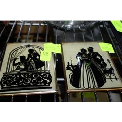 1960 VINTAGE ART DECO REVERSE PAINTED SILOUETTE X2