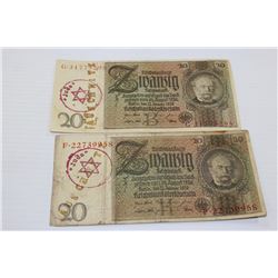 NAZI AUSCHQITZ JUDE 20 MARK BANKNOTE X2