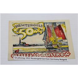 1922 50 PFENNIG REUTER GERMAN BANK NOTE