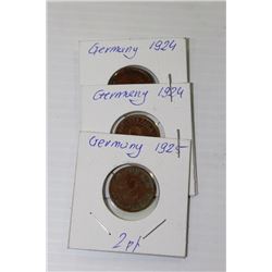 3 GERMAN 1924-24-25 2 PFENNIG COINS