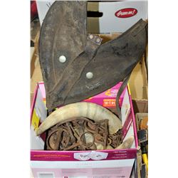 BOX OF MISC VINTAGE HORSE ACCESSORIES