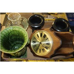 BOX WITH CLOCK, POTS, AND VASES
