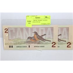 GEM UNC 1986 $2 "ROBIN" NOTES CONSECUTIVE S/N X2