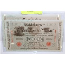 GERMAN 1910 1,000 MARK NOTES CONSECUTIVE S/N X2