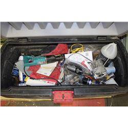 LARGE TOTE WITH ASSORTED TOOLS AND SHOP SUPPLIES