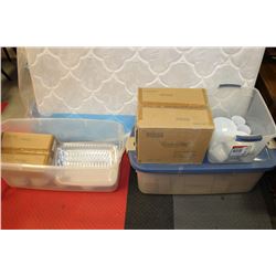 2 LARGE BINS OF CUPS, SAUCERS, TEAPOTS ETC.