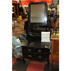 BLACK 2 DRAWER ANTIQUE DRESSER WITH MIRROR