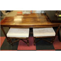 VINTAGE WOOD SIDE TABLE WITH TWO STOOLS