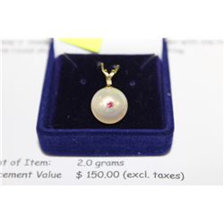 14k YELLOW GOLD PENDANT  1 ROUND MABE PEARL WITH R