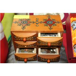 ESTATE WOOD CARVED JEWELLERY BOX WITH COINS AND