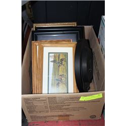 BOX W/ 3 WOOD FRAMED PICTURE SETS AND