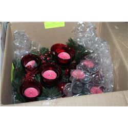 WREATH STYLE CANDLE HOLDER, RED GLASS CUPS &