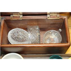 WOOD BOX WITH CRYSTAL BOWLS