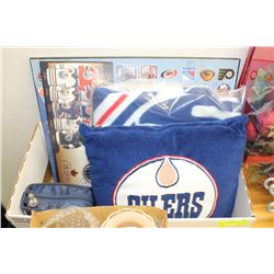 BOX WITH OILERS PARAPHERNALIA - 2 PLAQUES,