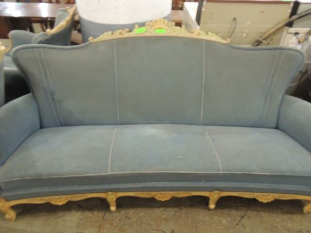 VERY NICE VICTORIAN BLUE VELVET SOFA WOOD TRIM