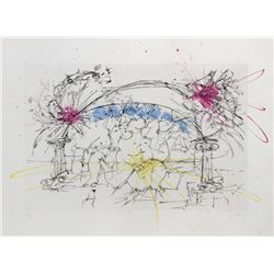 Dimitri Petrov, Two Columns with Nudes, Etching with Watercolor