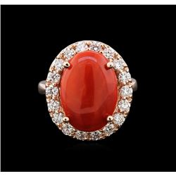 4.80ct Red Coral and Diamond Ring - 14KT Rose Gold