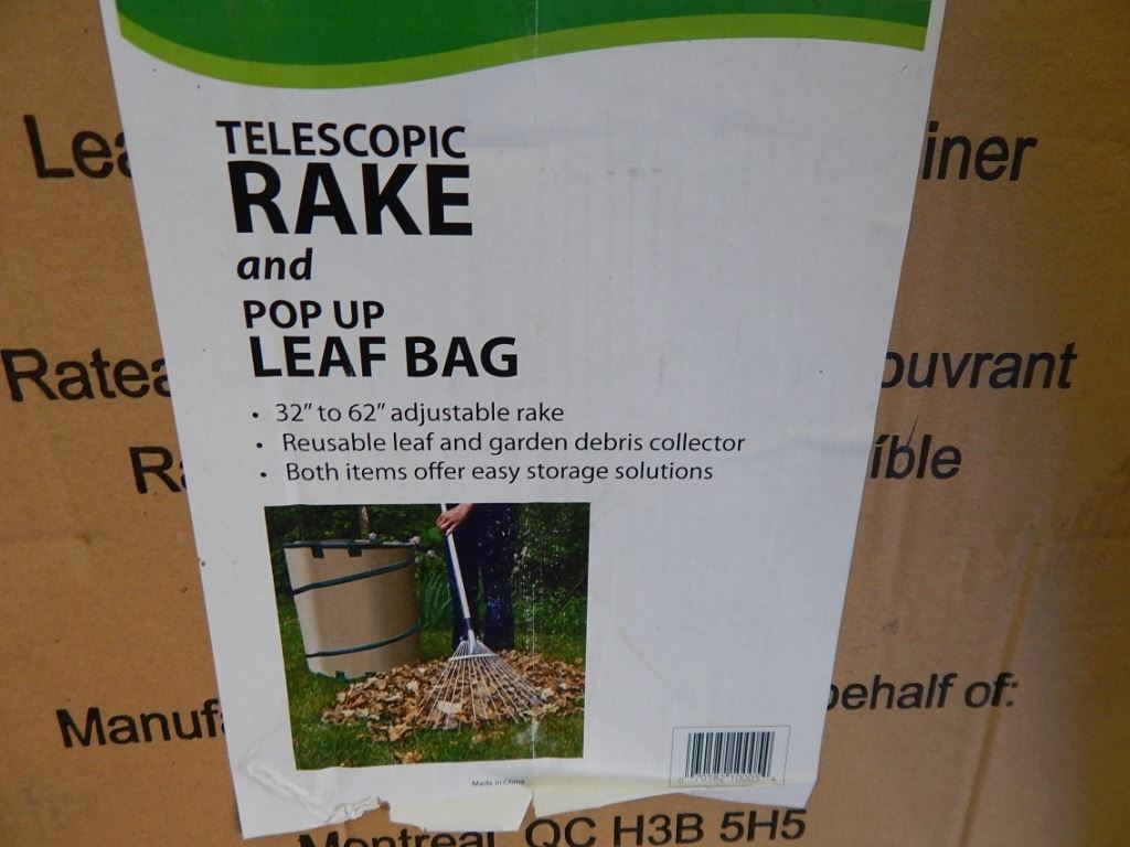 LEAF RAKE AND POP UP CONTAINER - UNASSEMBLED IN BOX - AS-IS - WITH LOT 111