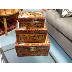 NEW ORNATELY CARVED JEWELERY BOXES - 2 LOCKS - BRASS ACCENTS - 3 PC PER SET