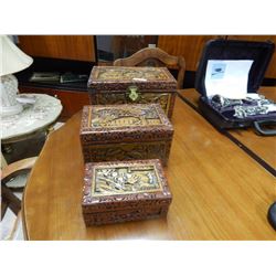 NEW ORNATELY CARVED JEWELERY BOXES - 2 LOCKS - BRASS ACCENTS - 3 PC PER SET