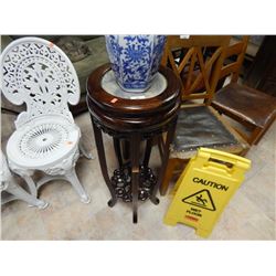 MARBLE AND MAHOGANY PLANT STAND - EACH LEG - 1 ½" MISSING PIECE - AS-IS