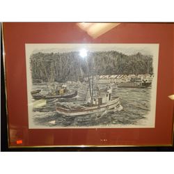 FRAMED SIGNED ORIGINAL - MA DEAN, 1986 - HAND COLORED 1987 - TUG BOATS