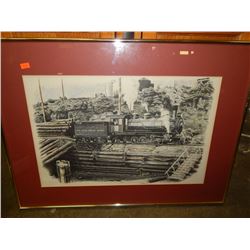 FRAMED SIGNED ORIGINAL - MA DEAN, 1986 - HAND COLORED 1987 - COMOX LOGGING & RAILWAY CO. - http://ww