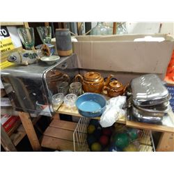 SHELF LOT OF MISC - TEA POTS - VINTAGE WAFFLE MAKER