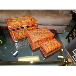 NEW ORNATELY CARVED JEWELERY BOXES - 2 LOCKS - BRASS ACCENTS - 3 PC PER SET