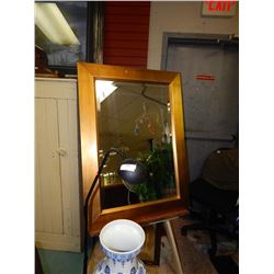 LARGE WOOD FRAMED BEVEL GLASS MIRROR