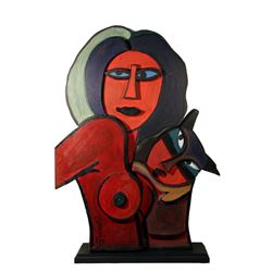 Corneille, Nu et Chat, Painted Wood Sculpture