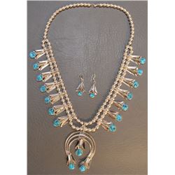 NAVAJO SQUASH BLOSSOM NECKLACE AND EARRINGS MARKED LY