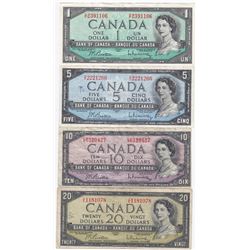 4 x 1954 Canada Bank Of Canada Notes, $1, $5, $10, $20