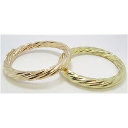 2 14 Kt Hollow Wide Twisted Hinged Bangles, 1 x Yellow Gold, 1 x Rose Gold - 17 grams AGW