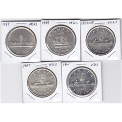 5 Canadian Silver Dollars - ALL MS 63 - 1953, 1949, 1939, 1957, 1961