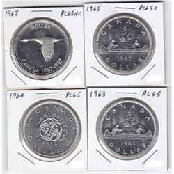 4 Canadian Silver Dollars - ALL PL 65 - 1964, 1963, 1965, 1967