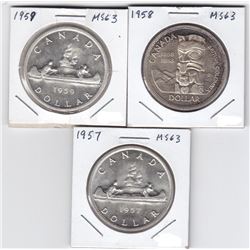 3 Canadian Silver $1 Dollar Coins - 1957, 1958, 1959 - ALL MS 63