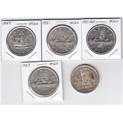 5 Canadian Silver Dollars - AlLL MS 62 - 1949, 1951, 1953, 1957, 1958