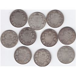 10 Canadian Silver 50-Cent Half Dollar Coins (1909-1929)