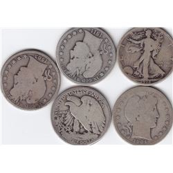 5 United States Silver 50-Cent Half Dollar Coins - 1903 - 1918