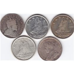 5 Canada Silver 10-Cent Dime Coins - 1910-1959