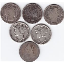 6 United States Silver 10-Cent Dime Coins - 1887 - 1927