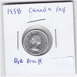 1958 Canada Silver 10-Cent Dime Coin - Die Break